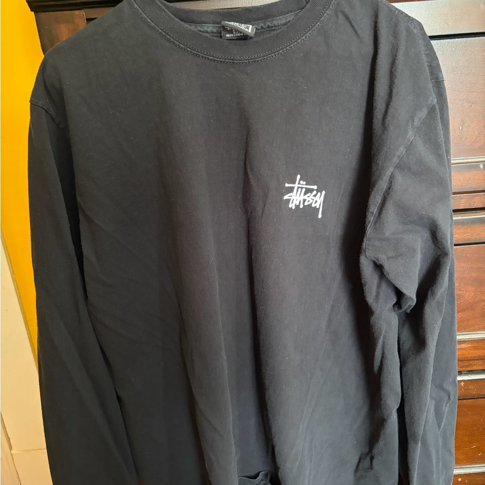 Stussy Black Long Sleeve Logo Tee with White Chest Script